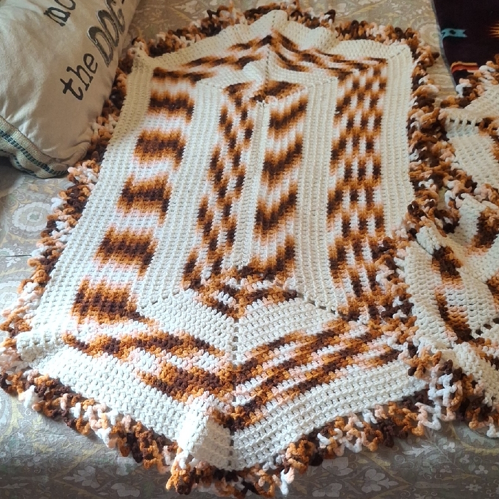 Set Of 4 Handmade Crochet Cofee Table Set with Brown and Cream Stripes